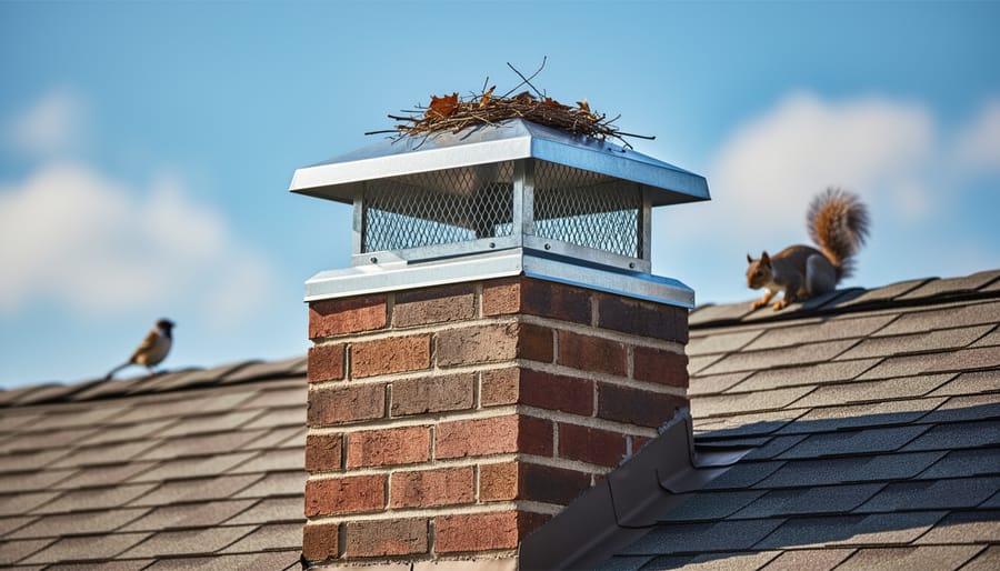 Metal chimney cap with protective screen installed on brick chimney