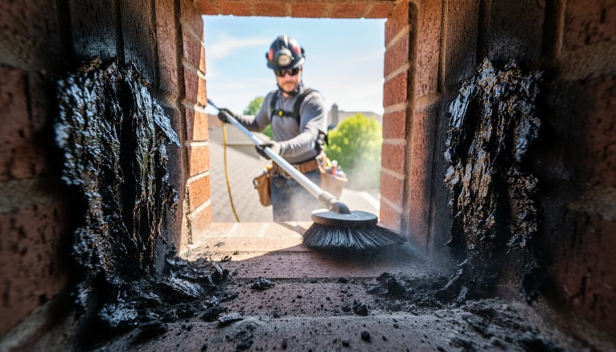 Close-up of dangerous creosote buildup coating chimney interior bricks
