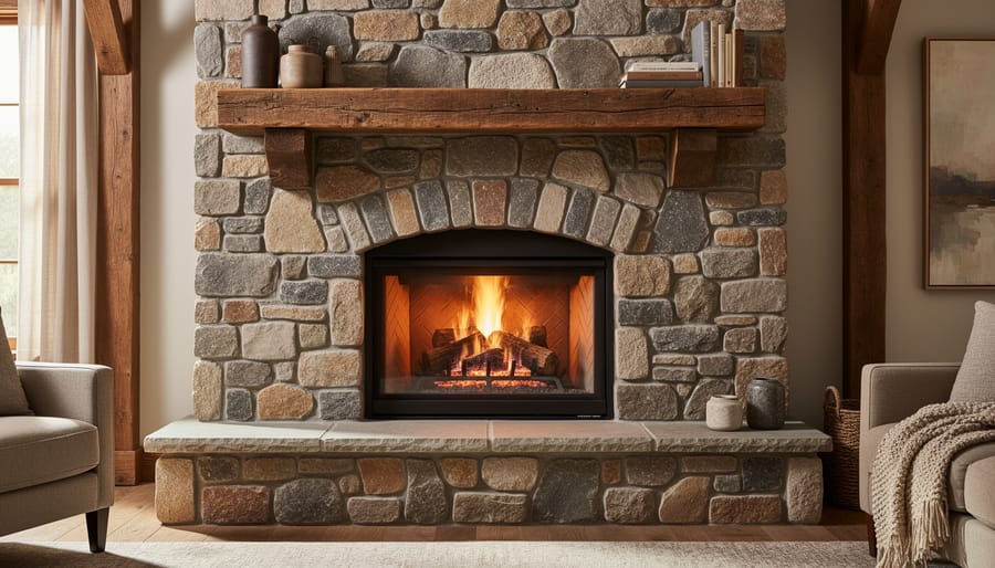 Large natural stone fireplace with stacked river rocks in rustic living room