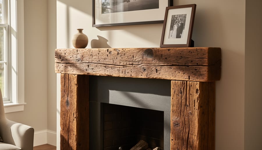 Close-up of reclaimed barn beam mantel showing weathered texture and wood grain